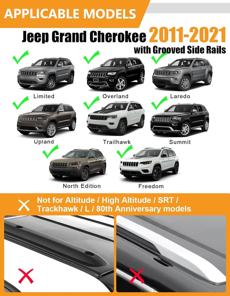 KINGGERI 330lbs Lockable Roof Racks Cross Bars Fit for Jeep Grand Cherokee 2011-2021 with Grooved Side Rails(NOT for Raised Side Rails), Heavy Duty Anti-Theft Aluminum Rails Crossbars Cargo Kayak - Image 2